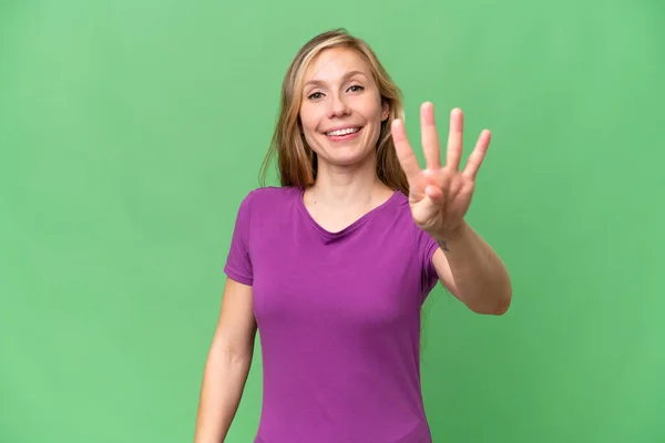 Mladá Blondýna Žena Přes Izolované Pozadí Šťastný Počítání Čtyři Prsty — Stock fotografie