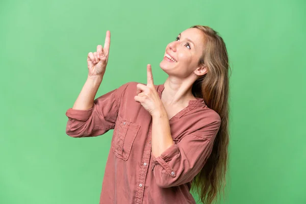 Junge Blonde Frau Über Isoliertem Hintergrund Die Mit Dem Zeigefinger — Stockfoto