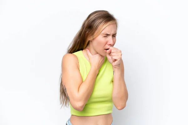 Young Caucasian Woman Isolated White Background Coughing Lot — Stock Photo, Image