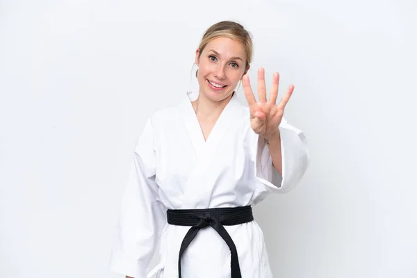 Young Caucasian Woman Doing Karate Isolated White Background Happy Counting — Stock Photo, Image