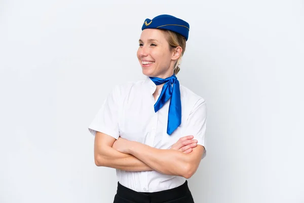 飛行機ブロンドスチュワーデス女性隔離上の白い背景幸せと笑顔 — ストック写真