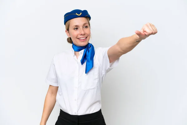 Αεροπλάνο Ξανθιά Αεροσυνοδός Γυναίκα Απομονωμένη Λευκό Φόντο Δίνοντας Αντίχειρες Προς — Φωτογραφία Αρχείου