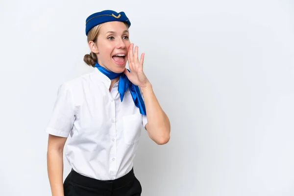 Samolot Blondynka Stewardessa Kobieta Izolowane Białym Tle Krzyczy Ust Szeroko — Zdjęcie stockowe