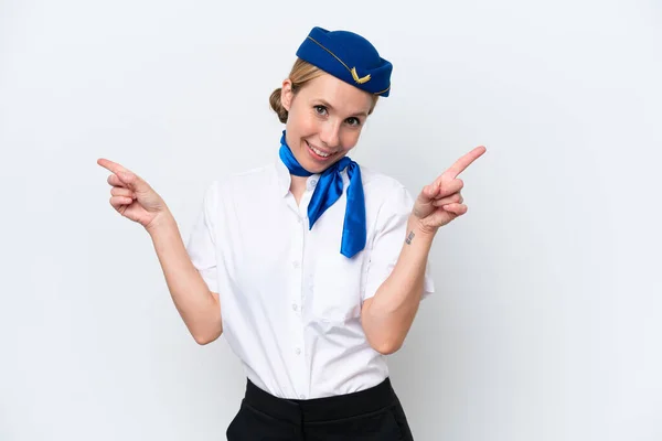 Airplane Blonde Stewardess Woman Isolated White Background Pointing Finger Laterals — Stock Photo, Image