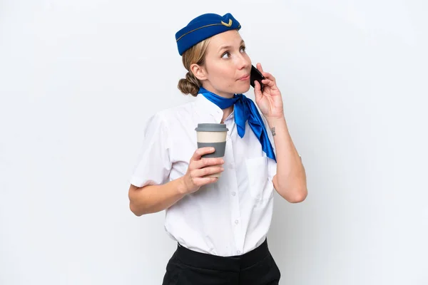Avion Hôtesse Blonde Femme Isolée Sur Fond Blanc Tenant Café — Photo