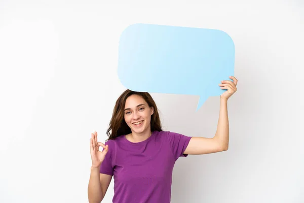 Young Caucasian Woman Isolated White Background Holding Empty Speech Bubble — Foto Stock