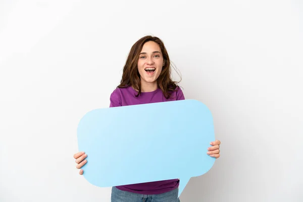 Jonge Kaukasische Vrouw Geïsoleerd Witte Achtergrond Met Een Lege Spraak — Stockfoto