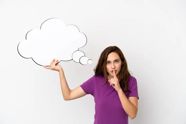 Young Caucasian Woman Isolated White Background Holding Thinking Speech Bubble — Stock Photo, Image