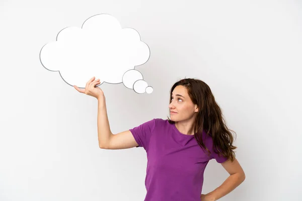 Young Caucasian Woman Isolated White Background Holding Thinking Speech Bubble — Stock Photo, Image