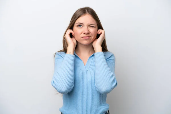 Young Lithuanian Woman Isolated White Background Frustrated Covering Ears — Stock Photo, Image