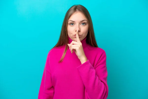 Young Lithuanian Woman Isolated Blue Background Showing Sign Silence Gesture — Stock Photo, Image