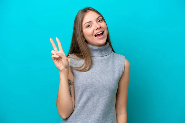 Joven Mujer Lituana Aislada Sobre Fondo Azul Sonriendo Mostrando Signo —  Fotos de Stock
