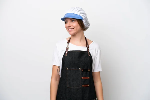 Fishmonger Mulher Vestindo Avental Olhando Para Lado Sorrindo — Fotografia de Stock