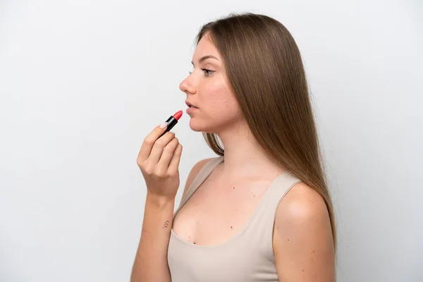 Young Lithuanian Woman Isolated White Background Holding Red Lipstick — Stockfoto
