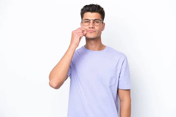 Young Caucasian Man Isolated White Background Showing Sign Silence Gesture — Stock Photo, Image