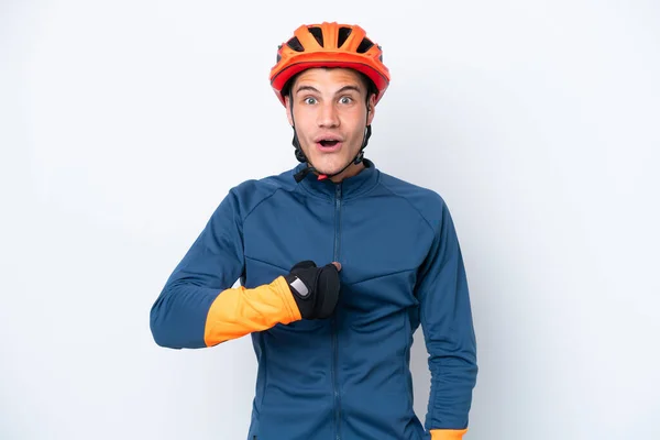 Young Cyclist Caucasian Man Isolated White Background Surprise Facial Expression — Foto de Stock