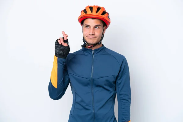 Joven Ciclista Caucásico Aislado Sobre Fondo Blanco Con Los Dedos —  Fotos de Stock