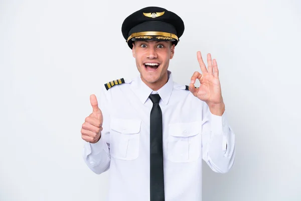 Samolot Biały Pilot Odizolowany Białym Tle Pokazuje Znak Gest Kciuka — Zdjęcie stockowe