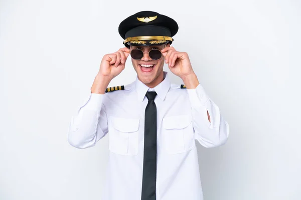 Airplane Caucasian Pilot Isolated White Background Glasses Surprised — Zdjęcie stockowe