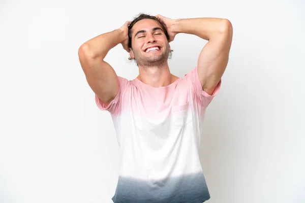 Caucasian Handsome Man Isolated White Background Laughing — Stock Photo, Image