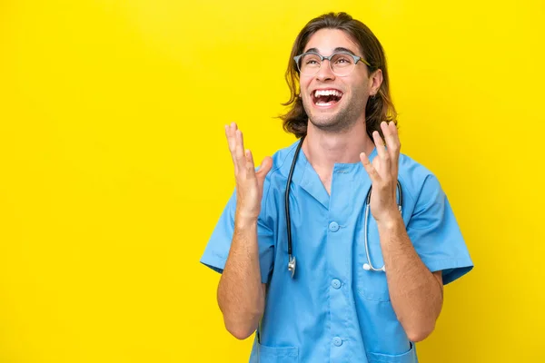 Young Surgeon Caucasian Man Isolated Yellow Background Surprise Facial Expression — Stock Photo, Image