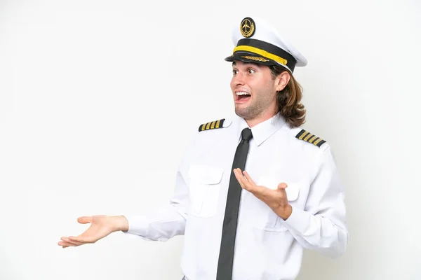Handsome Airplane Pilot Isolated White Background Surprise Facial Expression — Stockfoto