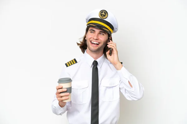Handsome Airplane Pilot Isolated White Background Holding Coffee Take Away — Stockfoto