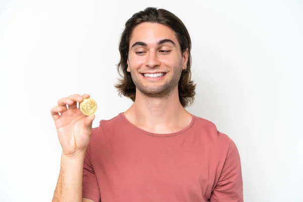 Young Handsome Man Holding Bitcoin Isolated White Background Happy Expression — Stock Photo, Image