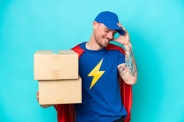 Super Hero Delivery Man Isolated Background Laughing — Stock fotografie
