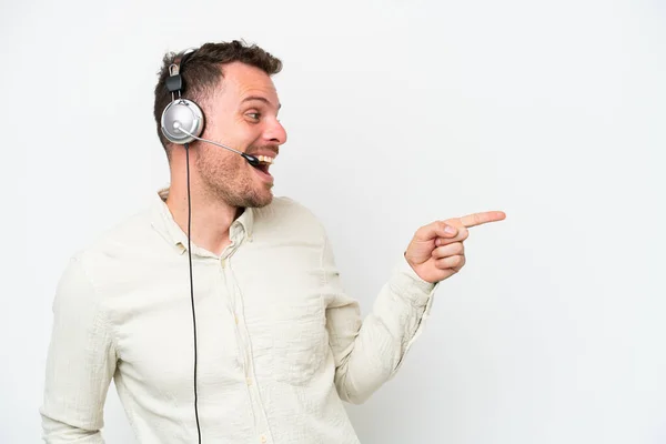 Telemarketer Caucasian Man Working Headset Isolated White Background Pointing Finger — Stockfoto