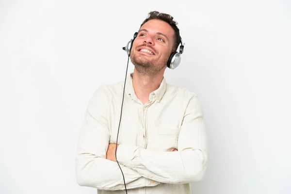 Telemarketer Caucasian Man Working Headset Isolated White Background Looking While — Foto de Stock