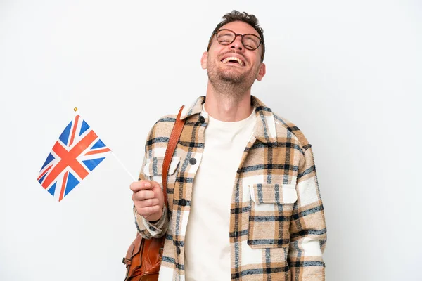 Young Hispanic Man Holding United Kingdom Flag Isolated White Background — Photo