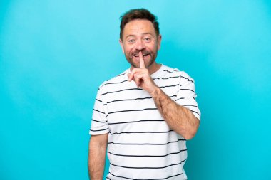 Middle age caucasian man isolated on blue background showing a sign of silence gesture putting finger in mouth