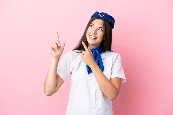 Airplane Stewardess Brazilian Woman Isolated Pink Background Pointing Index Finger — Stock Photo, Image