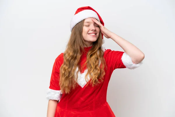 身穿白色背景的圣诞礼服的年轻的高加索女人已经意识到了什么 并打算解决这个问题 — 图库照片