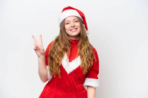 Jovem Caucasiana Com Vestido Natal Isolado Fundo Branco Sorrindo Mostrando — Fotografia de Stock