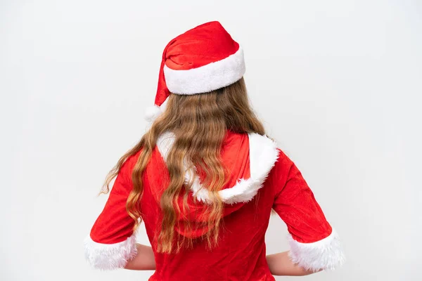Junge Kaukasische Frau Mit Weihnachtskleid Isoliert Auf Weißem Hintergrund Rückenlage — Stockfoto