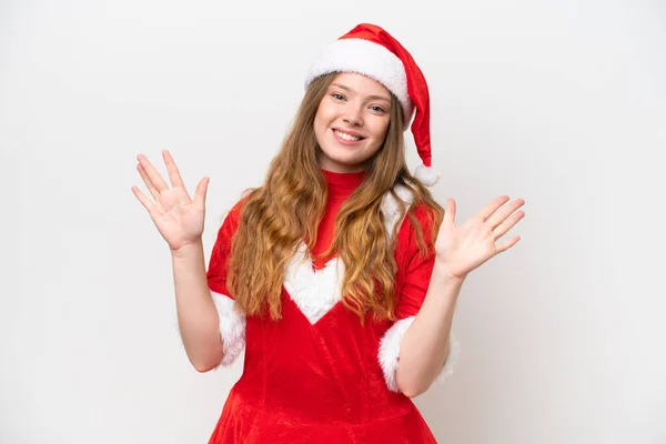 Jovem Caucasiana Com Vestido Natal Isolado Fundo Branco Contando Dez — Fotografia de Stock