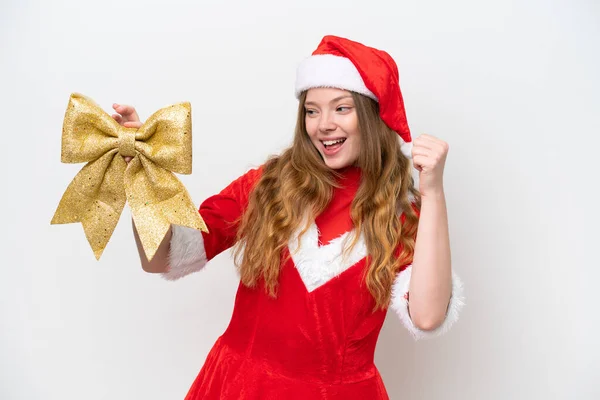 Jovem Caucasiana Com Vestido Natal Segurando Arco Natal Isolado Fundo — Fotografia de Stock