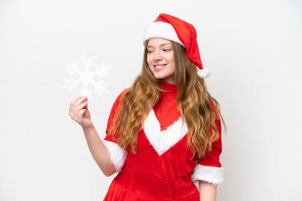 Jovem Caucasiana Com Vestido Natal Segurando Floco Neve Isolado Fundo — Fotografia de Stock