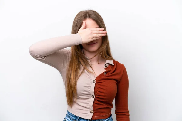 Jonge Blanke Vrouw Geïsoleerd Witte Achtergrond Die Ogen Met Handen — Stockfoto