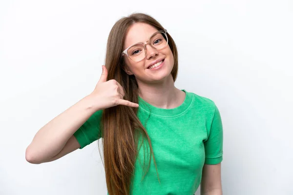 Młoda Biała Kobieta Odizolowana Białym Tle Okularach Wykonująca Telefon — Zdjęcie stockowe