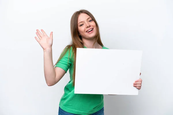 Young Caucasian Woman Isolated White Background Holding Empty Placard Saluting — Stockfoto