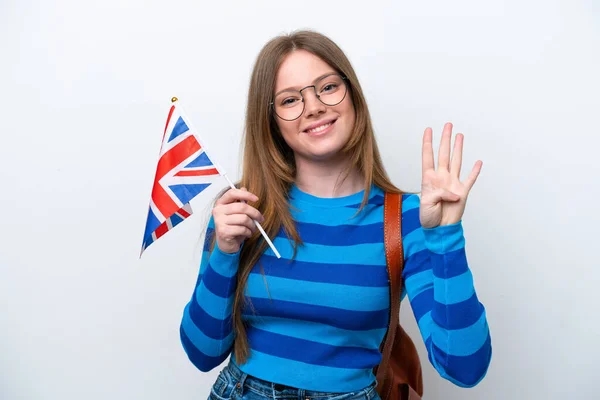 Mladá Běloška Drží Vlajku Spojeného Království Izolované Bílém Pozadí Šťastný — Stock fotografie