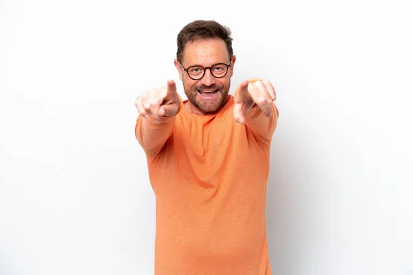 Middle Age Caucasian Man Isolated White Background Surprised Pointing Front — Foto de Stock