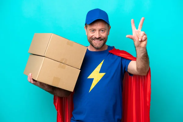 Super Hrdina Dodávka Muž Izolovaný Modrém Pozadí Šťastný Počítání Tři — Stock fotografie
