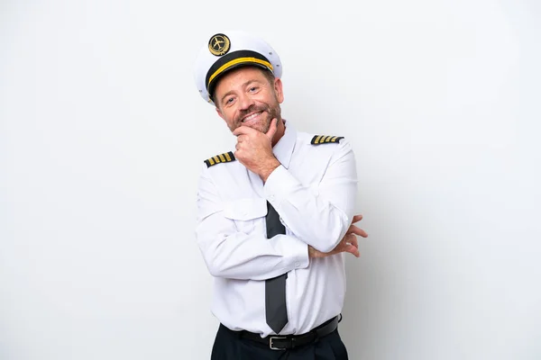 Avião Piloto Meia Idade Isolado Fundo Branco Sorrindo — Fotografia de Stock