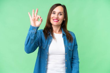 Middle age woman over isolated chroma key background showing ok sign with fingers