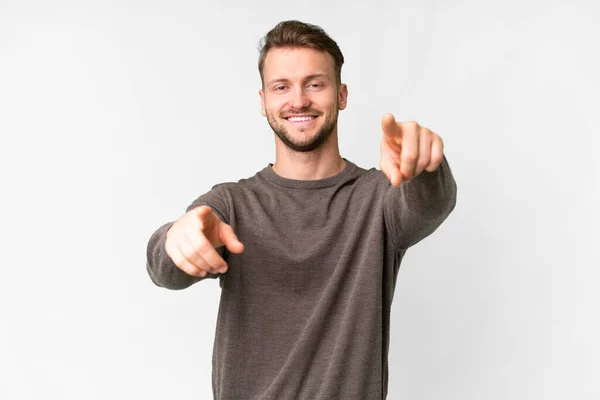 Young Handsome Caucasian Man Isolated White Background Pointing Front Happy — 스톡 사진