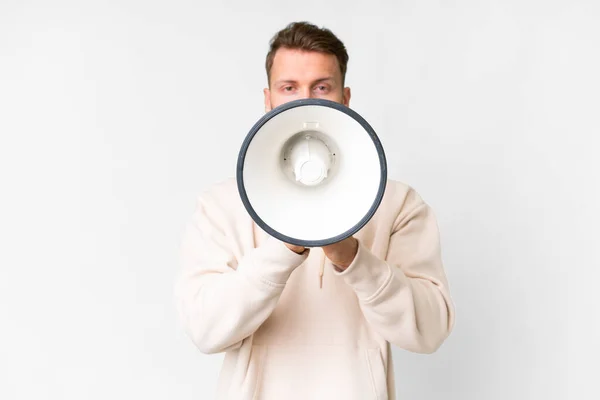Young Handsome Caucasian Man Isolated White Background Shouting Megaphone — Photo